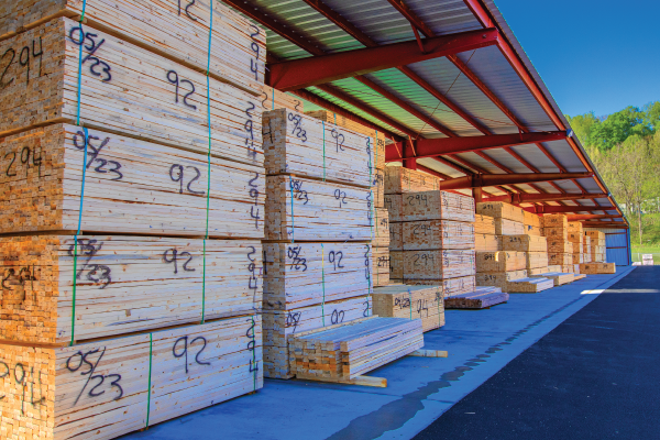 Lumber stacks in lumber yard under t-shed