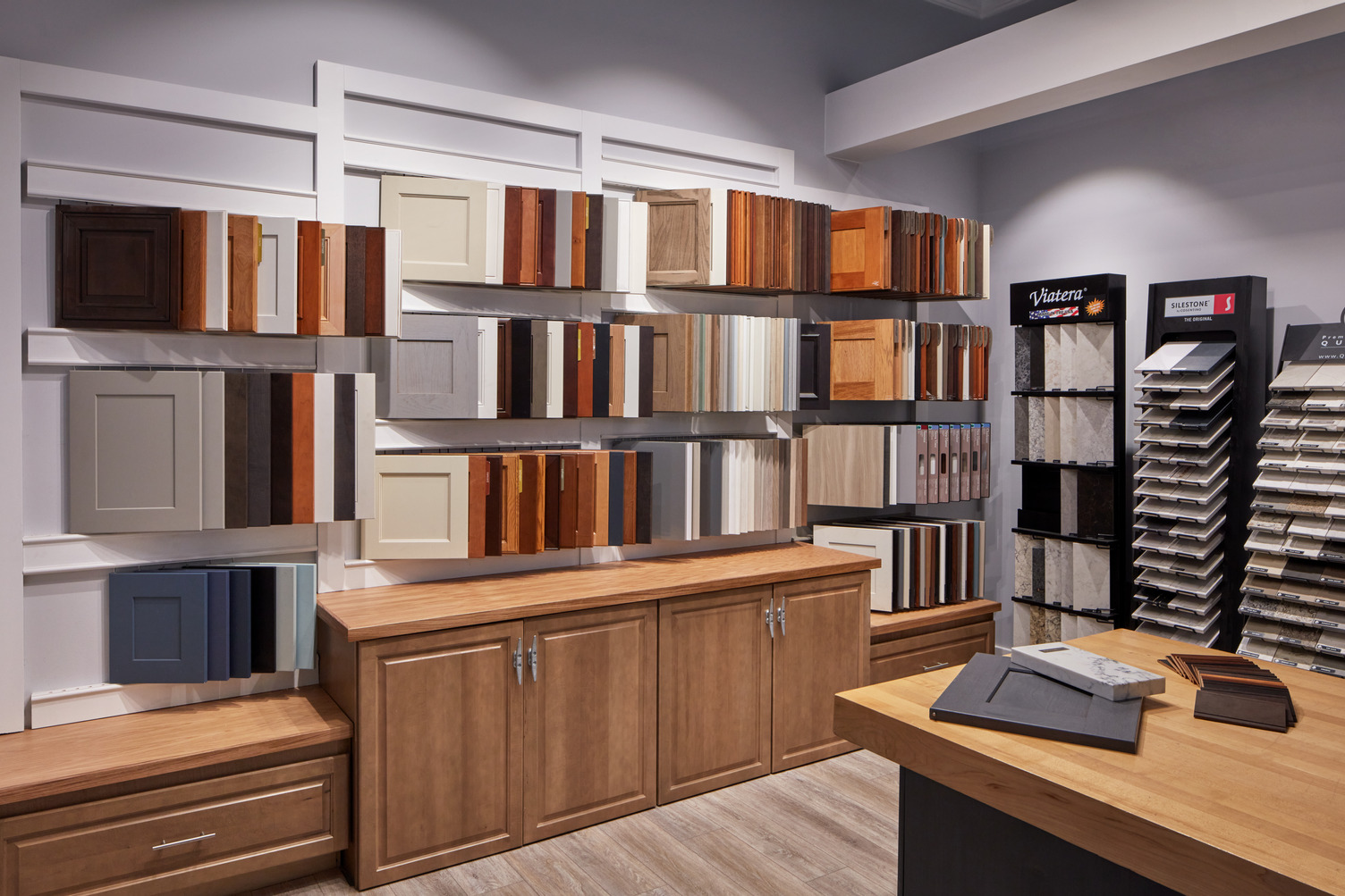 A wall of cabinet samples